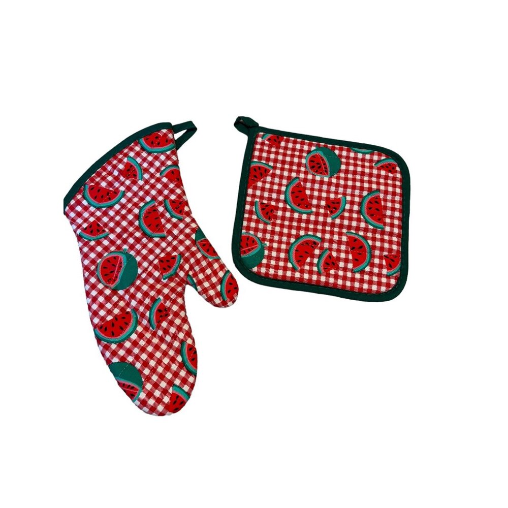 Watermelon red picnic check Pot Holder and Oven Mit